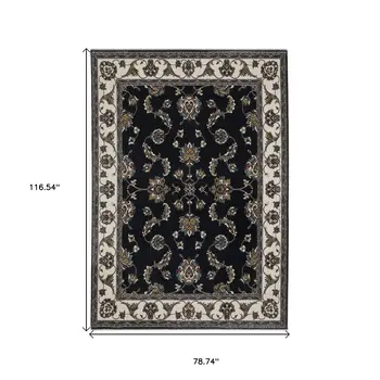 7' X 10' Navy Blue And Ivory Oriental Area Rug With Fringe