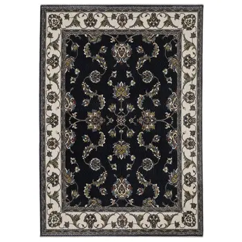 7' X 10' Navy Blue And Ivory Oriental Area Rug With Fringe