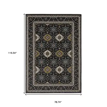 7' X 10' Navy Blue And Gold Medallion Area Rug With Fringe