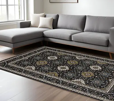 7' X 10' Navy Blue And Gold Medallion Area Rug With Fringe