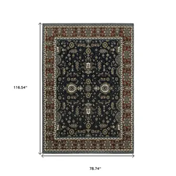 7' X 10' Navy Blue And Rust Oriental Area Rug With Fringe