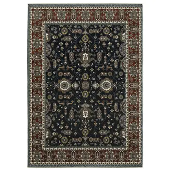 7' X 10' Navy Blue And Rust Oriental Area Rug With Fringe