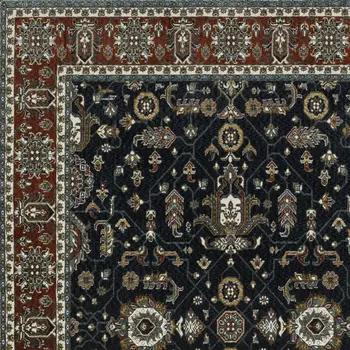 7' X 10' Navy Blue And Rust Oriental Area Rug With Fringe