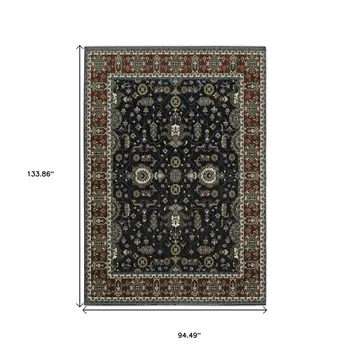 8' X 11' Navy Blue And Rust Oriental Area Rug With Fringe
