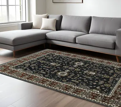 8' X 11' Navy Blue And Rust Oriental Area Rug With Fringe