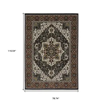 7' X 10' Black White And Red Medallion Area Rug With Fringe