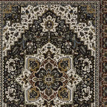 7' X 10' Black White And Red Medallion Area Rug With Fringe