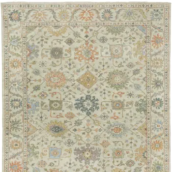 8' X 10' Beige And Green Wool Oriental Hand Knotted Area Rug With Fringe