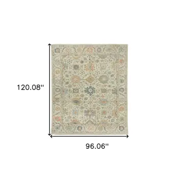 8' X 10' Beige And Green Wool Oriental Hand Knotted Area Rug With Fringe
