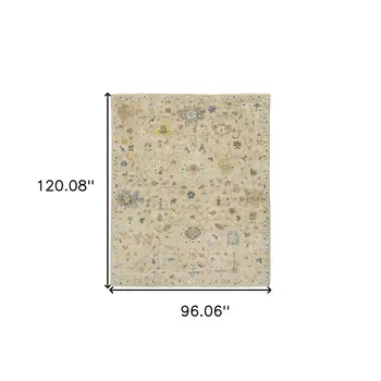 8' X 10' Beige Yellow And Light Blue Wool Oriental Hand Knotted Area Rug With Fringe