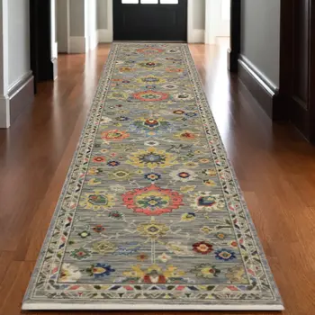 12' Gray Yellow And Blue Oriental Runner Rug With Fringe