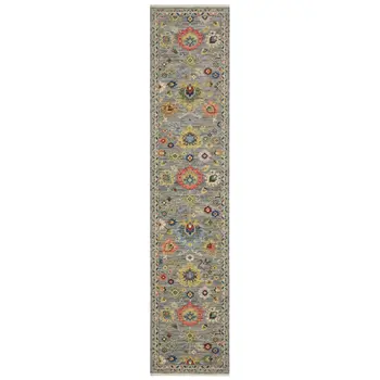 12' Gray Yellow And Blue Oriental Runner Rug With Fringe