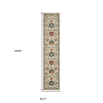 12' Ivory Red And Blue Oriental Runner Rug With Fringe