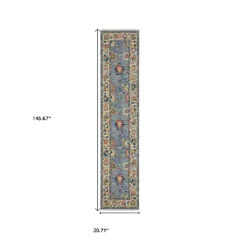 12' Blue Orange And Yellow Oriental Runner Rug With Fringe