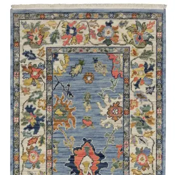 12' Blue Orange And Yellow Oriental Runner Rug With Fringe