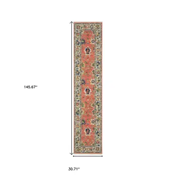 12' Salmon Blue And Yellow Oriental Runner Rug With Fringe
