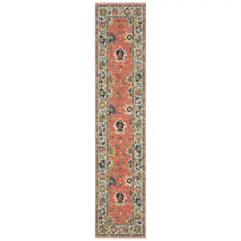 12' Salmon Blue And Yellow Oriental Runner Rug With Fringe