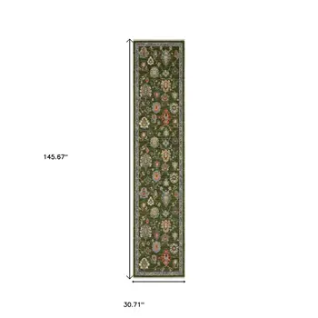 12' Green Yellow And Ivory Oriental Runner Rug With Fringe