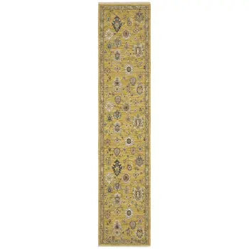 12' Yellow Black And Ivory Oriental Runner Rug With Fringe