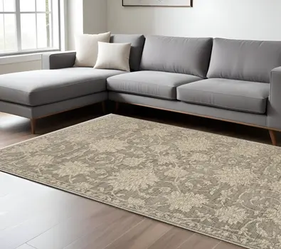 7' X 10' Gray And Beige Floral Area Rug With Fringe