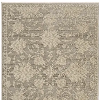 7' X 10' Gray And Beige Floral Area Rug With Fringe