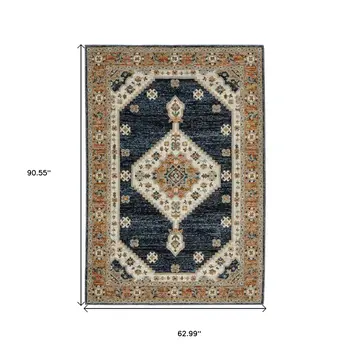 5' X 7' Blue And Orange Medallion Area Rug