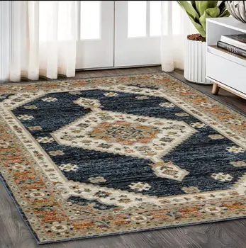 5' X 7' Blue And Orange Medallion Area Rug