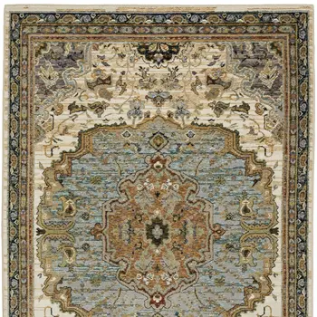 5' X 7' Ivory And Blue Oriental Area Rug