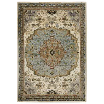 5' X 7' Ivory And Blue Oriental Area Rug