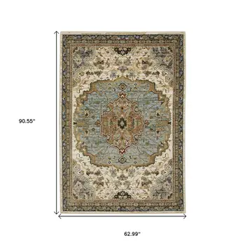 5' X 7' Ivory And Blue Oriental Area Rug