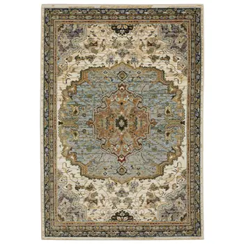 5' X 7' Ivory And Blue Oriental Area Rug