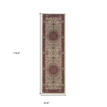 9' Ivory And Red Oriental Runner Rug