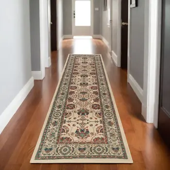 9' Ivory And Red Floral Runner Rug