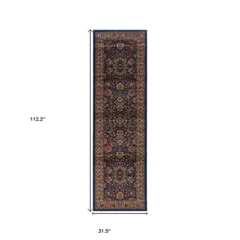 9' Blue And Red Oriental Runner Rug