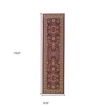 9' Red And Ivory Oriental Runner Rug