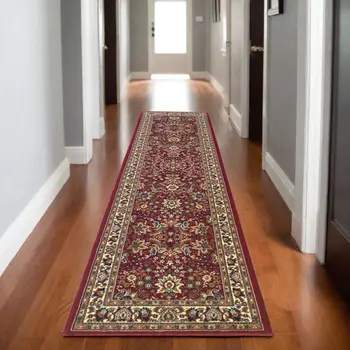 9' Red And Ivory Oriental Runner Rug