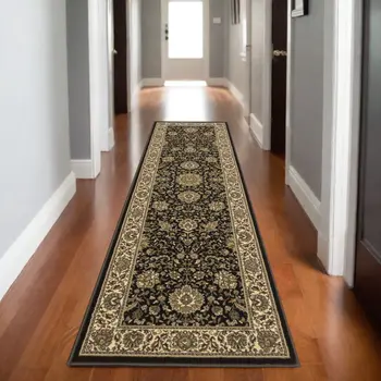9' Brown And Ivory Oriental Runner Rug