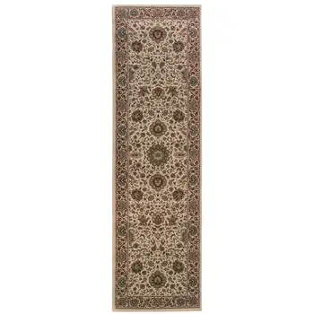 9' Ivory And Green Oriental Runner Rug