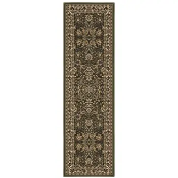 9' Green And Ivory Oriental Runner Rug