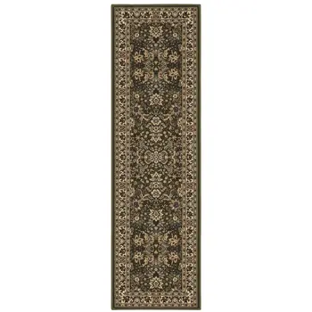 9' Green And Ivory Oriental Runner Rug