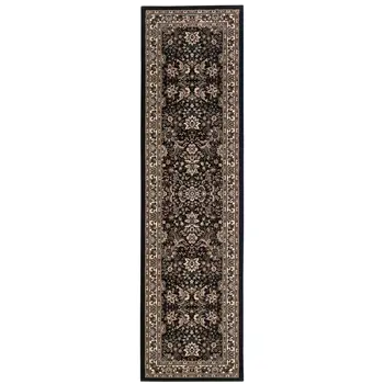 9' Black And Ivory Oriental Runner Rug