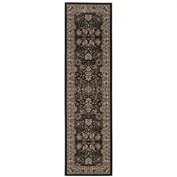 9' Black And Ivory Oriental Runner Rug
