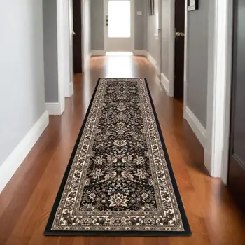 9' Black And Ivory Oriental Runner Rug