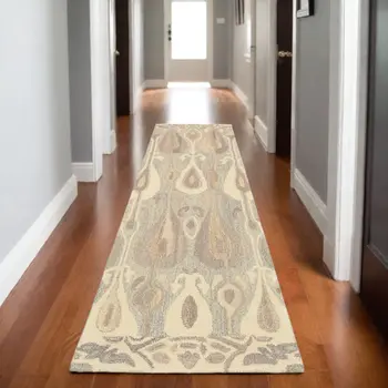 8' Gray And Beige Wool Abstract Hand Tufted Runner Rug