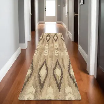 8' Beige And Ivory Wool Abstract Hand Tufted Runner Rug
