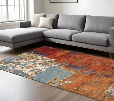 8' X 10' Orange Light Blue And Red Abstract Hand Tufted Area Rug
