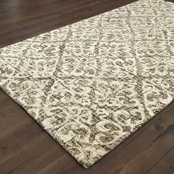 8' X 10' Brown And Ivory Wool Floral Hand Tufted Area Rug