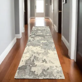 8' Gray And Charcoal Wool Abstract Hand Tufted Runner Rug