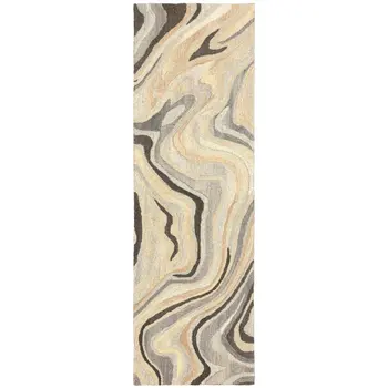8' Beige And Charcoal Wool Abstract Hand Tufted Runner Rug