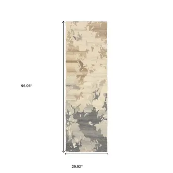 8' Beige And Charcoal Wool Abstract Hand Tufted Runner Rug